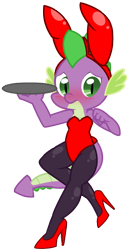 Size: 1064x2054 | Tagged: safe, artist:pyruvate, artist:reduxdrawer8k, spike, comic:dragon queen, anthro, blushing, bunny ears, bunny suit, clothes, crossdressing, dragon, femboy, femboy spike, foalcon, g4, high heels, imported from derpibooru, legwear, leotard, looking away, male, pantyhose, simple background, sissy, solo, thigh highs, tights, transparent background, tray