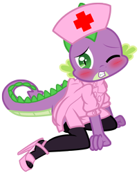 Size: 1489x1852 | Tagged: suggestive, artist:pyruvate, artist:reduxdrawer8k, spike, comic:dragon queen, anthro, blushing, clothes, crossdressing, dragon, embarrassed, femboy, femboy spike, foalcon, g4, happy, high heels, imported from derpibooru, legwear, looking at you, male, nurse, nurse spike, simple background, sissy, stockings, thigh highs, transparent background, tripping