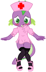 Size: 1323x2092 | Tagged: suggestive, artist:pyruvate, artist:reduxdrawer8k, spike, comic:dragon queen, blushing, clothes, crossdressing, dragon, feet, femboy, femboy spike, foalcon, g4, high heels, imported from derpibooru, legwear, looking down, male, nurse, nurse spike, simple background, sissy, solo, solo male, stockings, thigh highs, transparent background