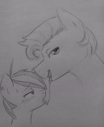 Size: 1920x2350 | Tagged: suggestive, artist:subimaru_kai, oc, oc:snowy, after kiss, age difference, bedroom eyes, big dom small sub, colt, drool, drool string, father and child, father and son, foal, foalcon, gay, implied foalcon, imported from derpibooru, incest, kissing, looking at you, male, maledom, malesub, monochrome, oc name needed, oc only, pony, shipping, sloppy kissing, stallion, stallion on colt, submissive, traditional art