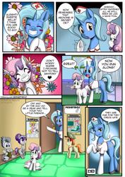 Size: 1280x1804 | Tagged: suggestive, artist:anibaruthecat, artist:redoxx, sweetie belle, oc, oc:cobalt, comic:cutiemark check-up, blank flank, colored, comic, dialogue, earth pony, engrish, female, filly, foal, foalcon, g4, grammar error, implied foalcon, imported from derpibooru, male, nurse outfit, pegasus, pony, pregnant, pregnant foal, rumble, speech bubble, tag-a-long, underhoof, unicorn