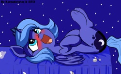 Size: 2084x1280 | Tagged: suggestive, artist:anibaruthecat, artist:dassboshit, princess luna, ahegao, alicorn, bed, blushing, cute, edit, explicit source, female, filly, foal, foalcon, g4, imported from derpibooru, open mouth, pony, solo, solo female, tongue out, woona, young, younger