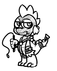 Size: 500x625 | Tagged: suggestive, artist:thebirdiebin, spike, bondage, bondage gear, bondage mask, dragon, foalcon, g4, gimp, gimp suit, imported from derpibooru, leather, male, mask, monochrome, solo, spikes, straps, unamused, whip, zipper, zippermouth