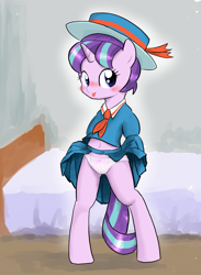 Size: 1280x1753 | Tagged: suggestive, artist:seidouryu, starlight glimmer, :p, a hearth's warming tail, belly button, bipedal, blushing, clothes, female, filly, filly starlight glimmer, foal, foalcon, frilly underwear, g4, hat, imported from derpibooru, looking at you, midriff, my little pony: friendship is magic, panties, panty bow, pony, ribbon, skirt, skirt lift, smiling, snowfall frost, solo, solo female, tongue out, underwear, upskirt, white underwear, younger
