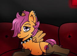 Size: 1066x772 | Tagged: suggestive, artist:lazerblues, scootaloo, belly button, clothes, female, filly, foal, foalcon, g4, hooves, imported from derpibooru, legwear, lingerie, pegasus, piercing, pony, socks, solo, solo female, thigh highs, wings