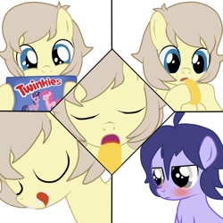 Size: 650x650 | Tagged: suggestive, artist:lion-grey, pinkie pie, twilight sparkle, oc, oc:buttercream, oc:nightly veil, blushing, colt, comic, eating, femboy, foal, foalcon, food, g4, imported from derpibooru, male, males only, no eyelashes, oc only, stare, twinkies