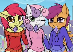 Size: 960x686 | Tagged: suggestive, artist:fearingfun, apple bloom, scootaloo, sweetie belle, anthro, breasts, condom, cropcon, cropped, cutie mark crusaders, earth pony, female, foalcon, g4, implied foalcon, imported from derpibooru, needs more jpeg