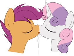 Size: 680x510 | Tagged: suggestive, artist:mcsadat, scootaloo, sweetie belle, color edit, colored, drool, edit, eyes closed, female, filly, foal, foalcon, french kiss, g4, imported from derpibooru, kiss on the lips, kissing, lesbian, pony, ship:scootabelle, shipping, simple background, sloppy kissing, unicorn, white background