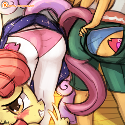 Size: 750x750 | Tagged: suggestive, artist:lumineko, apple bloom, scootaloo, sweetie belle, anthro, ass, blue underwear, blushing, butt, clothes, cow belle, cutie mark, cutie mark crusaders, cutie-flashing, earth pony, female, foalcon, g4, imported from derpibooru, looking at you, mooning, my little pony: friendship is magic, on your marks, panties, panty shot, patreon, patreon logo, peace sign, pink underwear, scene interpretation, scootabutt, skirt, skirt lift, smiling, sweetie butt, the cmc's cutie marks, underwear, upskirt, we already got our mark, yodeloo