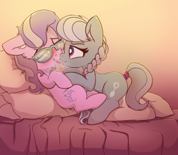 Size: 2300x2000 | Tagged: suggestive, artist:ratiodaze, artist:yoditax, diamond tiara, silver spoon, accessory swap, bed, blushing, cute, diamondsub tiara, drool, duo, ear fluff, earth pony, female, filly, foal, foalcon, french kiss, g4, glasses, high res, imported from derpibooru, kissing, lesbian, messy mane, pillow, pony, ship:silvertiara, shipping, silverdom, sloppy kissing, tail wrap, tongue play
