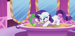Size: 1280x622 | Tagged: suggestive, artist:dubstepina, rarity, spike, age difference, blushing, carousel boutique, dragon, duo, duo male and female, female, foalcon, g4, imported from derpibooru, licking, male, mare, on back, pony, ship:sparity, shipping, show accurate, show accurate porn, straight, sweat, tongue out, unicorn, wingless spike