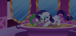 Size: 1280x622 | Tagged: suggestive, artist:dubstepina, rarity, spike, age difference, blushing, dragon, duo, duo male and female, female, foalcon, g4, imported from derpibooru, licking, male, mare, on back, pony, ship:sparity, shipping, show accurate, show accurate porn, straight, sweat, tongue out, unicorn, wingless spike