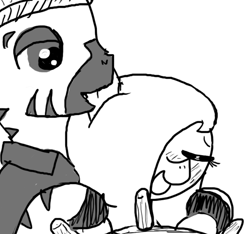Size: 640x600 | Tagged: suggestive, artist:ficficponyfic, oc, oc:adetokunbo, oc:emerald jewel, age difference, bad touch, big dom small sub, blushing, blushing profusely, child, clothes, colt, colt quest, cyoa, ear bite, earth pony, eyes closed, femboy, foal, foalcon, gasp, gay, grayscale, hat, imminent sex, implied foalcon, implied sex, imported from derpibooru, interspecies, lust, male, maledom, malesub, molestation, monochrome, oc only, pirate, pirate ship, pony, raised eyebrow, ship, simple background, stallion, stallion on colt, story included, submissive, toque, trap, wheel, white background, wood, zebra, zebradom