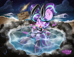 Size: 3025x2310 | Tagged: suggestive, artist:qlop, starlight glimmer, beach, bedroom eyes, belly, belly button, bikini, blushing, bowtie, brat, bunny ears, bunny suit, clothes, cloud, complex background, digital art, drink, drunk, female, filly, filly starlight glimmer, fire, fishnet clothing, fishnet gloves, fishnet stockings, flame eyes, foal, foalcon, fuck the police, g4, galaxy, gloves, hairclip, heart, heart eyes, high res, horn, horn ring, hot tub, imminent sex, implied straight, imported from derpibooru, jacuzzi, jewelry, latex, latex bikini, latex bra, latex clothes, latex panties, legwear, lime, looking at you, martini glass, milky way galaxy, naughty, night, ocean, onomatopoeia, open mouth, outdoors, pigtails, playboy bunny, pony, potion, ring, rock, rubber, semi-anthro, sign, silly bandz, smiling, smug, solo, solo female, starry night, starry sky, stars, steam, sticker, stockings, submerged, swimsuit, teasing, thigh highs, tights, tongue out, unicorn, water, wide hips, wingding eyes, younger