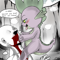 Size: 1500x1500 | Tagged: suggestive, artist:cold-blooded-twilight, spike, oc, oc:anon, after kiss, age difference, and then spike was gay, blood, blushing, cbt did it again, dragon, drool, drool string, duo, duo male, fanart, foalcon, g4, gay, human, human on dragon action, implied foalcon, imported from derpibooru, kissing, long tongue, male, ship:spanon, starry eyes, tongue out, wingding eyes, wingless spike