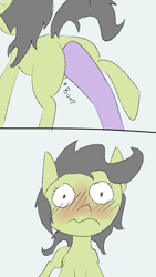 Size: 720x1280 | Tagged: suggestive, artist:happy harvey, twilight sparkle, oc, oc:filly anon, bad touch, blushing, blushing profusely, boop, butt, comic, dock, earth pony, female, filly, foal, foalcon, frown, g4, implied twilight sparkle, imported from derpibooru, molestation, offscreen character, phone drawing, plot, pony, raised tail, twilight is a foal fiddler, upset, wavy mouth