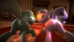 Size: 1024x576 | Tagged: suggestive, artist:lukewop, diamond tiara, silver spoon, 3d, blushing, butt, featureless crotch, female, foalcon, g4, imported from derpibooru, plot, pony, presenting, raised tail, tongue out