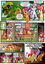 Size: 1240x1748 | Tagged: suggestive, artist:anibaruthecat, artist:redoxx, apple bloom, scootaloo, sweetie belle, comic:a different sort of pet, angel bunny, animal, color edit, colored, comic, cutie mark crusaders, dialogue, edit, engrish, explicit source, filly, fluttershy's cottage, foal, foalcon, g4, imported from derpibooru, this will end in death, this will end in tears, this will end in tears and/or death, this will end in tears and/or death and/or covered in tree sap