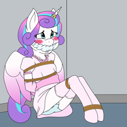 Size: 4000x4000 | Tagged: suggestive, artist:ryuseihikari, princess flurry heart, alicorn, anthro, arm behind back, blue underwear, blushing, bondage, bound, box tied, cleave gag, cloth gag, clothes, crying, dress, evening gloves, female, foalcon, g4, gag, gloves, horn, horn ring, imported from derpibooru, kidnapped, legwear, magic suppression, my little pony: friendship is magic, panties, panty shot, rope, season 6, skirt, solo, solo female, stockings, teary eyes, thigh highs, underwear, unguligrade anthro, upskirt