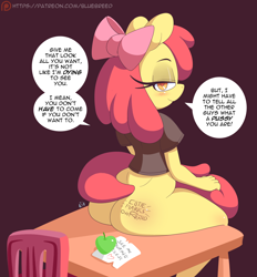 Size: 911x983 | Tagged: suggestive, artist:bluebreed, apple bloom, anthro, ass, bedroom eyes, blackmail, bloom butt, bottomless, butt, clothes, dialogue, earth pony, female, femdom, filly, foal, foalcon, g4, imminent sex, imported from derpibooru, insult, looking at you, looking back, mocking, nudity, peer pressure, solo, solo female