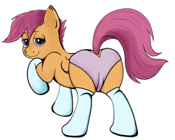 Size: 1000x800 | Tagged: suggestive, artist:riscke, scootaloo, butt, clothes, female, foalcon, g4, imported from derpibooru, looking at you, looking back, panties, pink underwear, plot, pony, simple background, socks, solo, solo female, underwear, white background