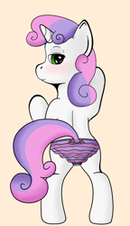 Size: 519x900 | Tagged: suggestive, artist:riscke, sweetie belle, bipedal leaning, blushing, butt, clothes, female, flower pattern underwear, foalcon, frilly underwear, g4, imported from derpibooru, panties, plot, pony, simple background, solo, solo female, striped underwear, underwear