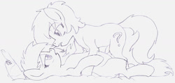 Size: 1200x571 | Tagged: suggestive, artist:traditionaldrawfaglvl1, oc, oc:filly anon, oc:little league, /mlp/, bedroom eyes, duo, eye contact, female, filly, foal, foalcon, imminent kissing, imported from derpibooru, lesbian, lying down, monochrome, oc only, on back, source needed, useless source url