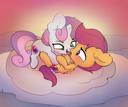 Size: 1777x1475 | Tagged: suggestive, artist:ratiodaze, scootaloo, sweetie belle, blushing, cloud, cute, drool, female, filly, foal, foalcon, french kiss, g4, imported from derpibooru, kissing, lesbian, pegasus, pony, ship:scootabelle, shipping, sloppy kissing, sunset, tongue out, tongue to tongue, unicorn