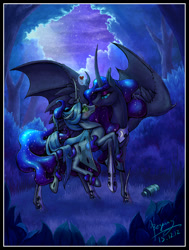 Size: 1024x1351 | Tagged: suggestive, artist:begasus, queen chrysalis, bedroom eyes, bondage, bush, dead source, detective conan, female, filly queen chrysalis, foalcon, g4, grass, heart, imported from derpibooru, lesbian, licking, looking at each other, mare, nightmare mlem, nightmare moon, pony, prehensile mane, ship:chrysmoon, shipping, subalis, tongue out, tree