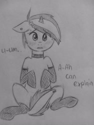 Size: 1920x2560 | Tagged: suggestive, artist:subimaru_kai, oc, oc:snowy, caught, choker, clothes, collar, colt, crossdressing, femboy, foal, foalcon, girly, imported from derpibooru, legwear, male, monochrome, oc only, solo, solo male, thigh highs, traditional art