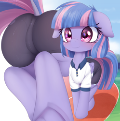 Size: 3825x3833 | Tagged: suggestive, artist:an-m, art pack:fillypack 3, blushing, butt, clothes, dock, female, filly, floppy ears, foal, foalcon, frog (hoof), g4, gym shorts, gym uniform, imported from derpibooru, outdoors, part of a set, pegasus, polo shirt, pony, rear view, shorts, solo, tail, underhoof, wind sprint