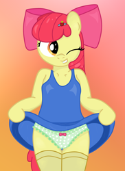 Size: 2086x2862 | Tagged: suggestive, artist:an-tonio, artist:lord waite, apple bloom, anthro, arm hooves, cameltoe, clothes, colored, earth pony, female, filly, foal, foalcon, frilly underwear, g4, green underwear, high res, hind legs, imported from derpibooru, legs together, legwear, panties, panty bow, polka dot underwear, ribbon, semi-anthro, shirt, show accurate, show accurate porn, skirt, skirt lift, socks, solo, solo female, thigh highs, underwear, upskirt, wink