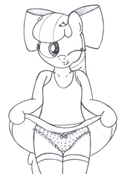 Size: 2086x2862 | Tagged: suggestive, artist:an-tonio, apple bloom, anthro, arm hooves, cameltoe, clothes, dead source, earth pony, female, foalcon, frilly underwear, g4, high res, imported from derpibooru, legwear, monochrome, panties, panty bow, polka dot underwear, ribbon, semi-anthro, shirt, skirt, skirt lift, socks, solo, solo female, thigh highs, traditional art, underwear, upskirt, wink