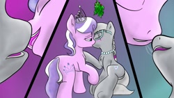 Size: 1280x720 | Tagged: suggestive, artist:scarrly, diamond tiara, silver spoon, bedroom eyes, best friends, blushing, butt, christmas, close-up, comic, drool, drool string, duo, earth pony, eyes closed, female, filly, filly on filly, first kiss, foal, foalcon, french kiss, g4, glasses, happy, holly, holly mistaken for mistletoe, imported from derpibooru, jewelry, kiss on the lips, kissing, lesbian, looking at each other, love, making out, mistleholly, panting, plot, pony, sensual, sexy, ship:silvertiara, shipping, sloppy kissing, source needed, tiara
