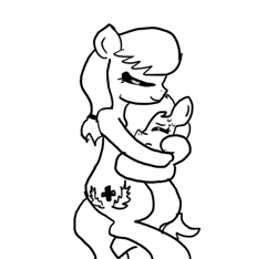 Size: 640x600 | Tagged: suggestive, artist:ficficponyfic, oc, oc:emerald jewel, oc:hope blossoms, black and white, colt, colt quest, cyoa, foal, foalcon, grayscale, hug, imported from derpibooru, male, monochrome, oc only, simple background, white background
