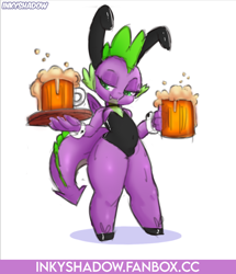 Size: 1130x1315 | Tagged: suggestive, artist:inkyshadow, spike, alcohol, beer, beer mug, belly, belly button, bunny ears, bunny suit, choker, clothes, crossdressing, crotch bulge, dragon, drink, eyelashes, femboy, femboy spike, foalcon, g4, girly, imported from derpibooru, lidded eyes, looking sideways, male, signature, simple background, solo, solo male, stupid sexy spike, white background, winged spike, wings