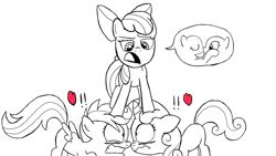 Size: 1280x720 | Tagged: suggestive, artist:neversure, apple bloom, scootaloo, sweetie belle, blushing, cutie mark crusaders, female, foalcon, g4, imported from derpibooru, lesbian, monochrome, now kiss, ship:scootabelle, shipper on deck, shipping, sketch