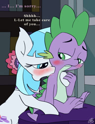 Size: 1024x1325 | Tagged: suggestive, artist:loreto-arts, spike, blushing, coco pommel, comforting, crying, dragon, duo, duo male and female, earth pony, female, flower, flower in hair, foalcon, g4, imported from derpibooru, male, mare, neck kiss, pony, ship:cocospike, shipping, straight