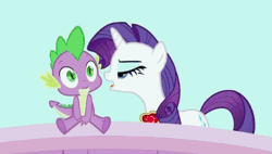 Size: 524x297 | Tagged: suggestive, artist:dubstepina, rarity, spike, age difference, animated, cheek kiss, dragon, duo, duo male and female, edit, edited screencap, female, fire ruby, foalcon, g4, imported from derpibooru, kissing, licking, male, mare, my little pony: friendship is magic, pony, ponyville, screencap, season 2, secret of my excess, ship:sparity, shipping, straight, straight shota, tongue out, unicorn, wingless spike
