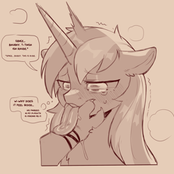 Size: 1500x1500 | Tagged: suggestive, artist:cold-blooded-twilight, shining armor, spike, age difference, blushing, claws, crying, dialogue, dragon, drool, duo, duo male, emanata, finger in mouth, fingers, fingers in mouth, foalcon, g4, hand, horn, implied spike, imported from derpibooru, long tongue, male, monochrome, mouthplay, offscreen character, offscreen male, panting, pony, pseudoincest, shivering, sketch, thought bubble, tongue out, unicorn