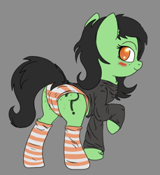 Size: 550x600 | Tagged: suggestive, oc, oc:filly anon, /mlp/, age regression, blushing, butt freckles, cameltoe, clothes, female, filly, foal, foalcon, freckles, implied transformation, implied transgender transformation, imported from derpibooru, oc only, panties, pony, socks, solo, solo female, striped socks, striped underwear, underwear