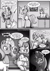 Size: 1860x2622 | Tagged: suggestive, artist:anibaruthecat, sweetie belle, oc, oc:cobalt, comic:cutiemark check-up, blank flank, canon x oc, comic, femboy, foalcon, g4, horn, imported from derpibooru, lying down, male, medicine, monochrome, nurse outfit, pony, ponyloaf, prone, this will end in jail time, unicorn