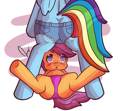 Size: 1082x952 | Tagged: suggestive, artist:anonjg, rainbow dash, scootaloo, blushing, butt, clothes, daisy dukes, female, foalcon, g4, imported from derpibooru, looking up, mare, offscreen character, panties, pegasus, pink underwear, plot, pony, rainbutt dash, shorts, underwear