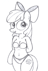 Size: 1600x2380 | Tagged: suggestive, artist:an-tonio, apple bloom, anthro, arm hooves, belly button, bra, breasts, cleavage, clothes, derpibooru exclusive, earth pony, female, foalcon, frilly underwear, g4, hind legs, imported from derpibooru, legs together, monochrome, panties, panty bow, ribbon, semi-anthro, solo, solo female, traditional art, underwear