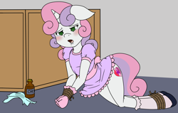 Size: 4000x2550 | Tagged: semi-grimdark, suggestive, artist:ryuseihikari, sweetie belle, anthro, bondage, bottle, bound, box, chloroform, clothes, cutie mark, dress, drool, drugged, female, foalcon, g4, imminent foalcon, imminent rape, implied rape, imported from derpibooru, rope, shoes, solo, solo female