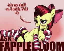 Size: 1896x1522 | Tagged: suggestive, artist:jaxonian, artist:raindroppony, apple bloom, ask fapplebloom, bedroom eyes, belly button, belts, blushing, candy, clothes, color edit, dock, drool, female, foalcon, frilly underwear, g4, imported from derpibooru, legwear, lollipop, panties, prostitution, red underwear, socks, solo, solo female, stockings, striped socks, thigh highs, underwear