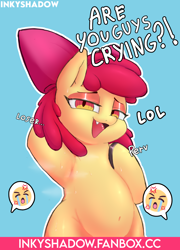 Size: 992x1381 | Tagged: suggestive, artist:inkyshadow, apple bloom, armpits, belly, belly button, blue background, cross-popping veins, crying, cyan background, earth pony, emanata, emoji, female, foalcon, g4, imported from derpibooru, looking at you, mesugaki, pony, signature, simple background, solo, solo female, speech bubble, sweat, text, 😭