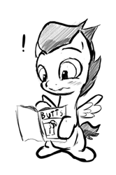 Size: 289x436 | Tagged: safe, blushing, butt, butts, colt, foal, foalcon, g4, hoof hold, imported from derpibooru, magazine, male, monochrome, pegasus, plot, pony, rumble, simple background, solo, white background, wingboner