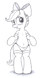 Size: 1900x3397 | Tagged: suggestive, artist:an-tonio, scootaloo, apple bloom's bow, belly button, bipedal, blushing, bow, clothes, female, foalcon, g4, hair bow, imported from derpibooru, legwear, monochrome, panties, pony, ribbon, side knot underwear, socks, solo, solo female, thigh highs, traditional art, underwear