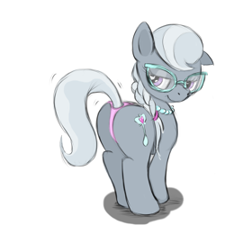 Size: 1280x1280 | Tagged: suggestive, artist:wolfnanaki, silver spoon, bedroom eyes, butt, butt shake, clothes, earth pony, female, filly, foal, foalcon, g4, glasses, imported from derpibooru, jewelry, looking back, necklace, panties, pearl, pearl necklace, plot, pony, raised tail, silverbutt, simple background, smirk, solo, solo female, thong, underwear, white background